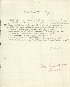 Gedicht 'Najaarsstemming' van Pierre Kemp. Handschrift op ruitjespapier. Het op 17 augustus 1940 definitief geworden gedicht vertrok op 22 september daaropvolgend naar het tijdschrift De Gemeenschap, waar het in december 1940 werd gepubliceerd.