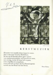 Kerstgedicht van Pierre Kemp, geschreven voor het personeelsblad van zijn vroegere (1916-1945) werkgever, de Maatschappij tot Exploitatie der Steenkolenmijnen Laura en Vereeniging te Eygelshoven. De Mijn, 4 (1959) 8 (december), binnenzijde omslag. Collectie Wiel Kusters.